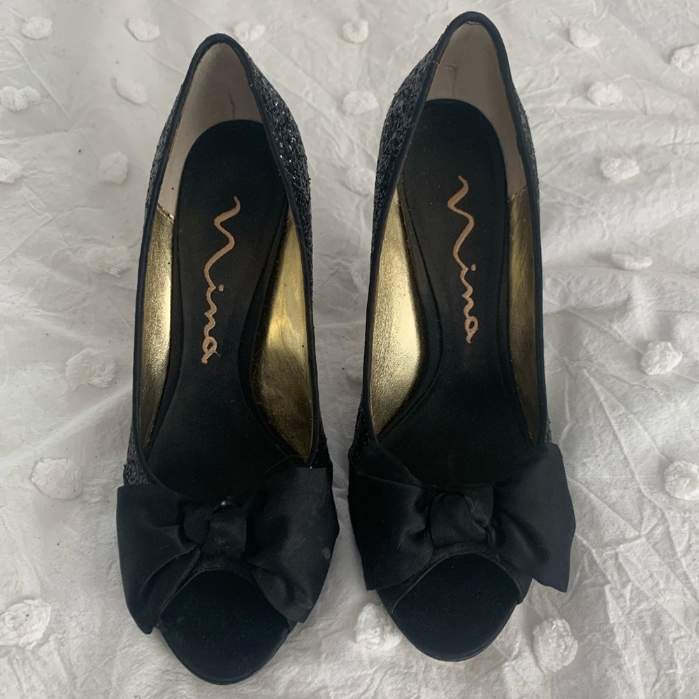 Nina black Glitter Peep Toe Heel with Bow